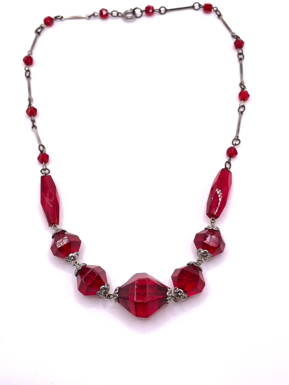Vintage Silver Tone Red Glass Beaded Choker Necklace